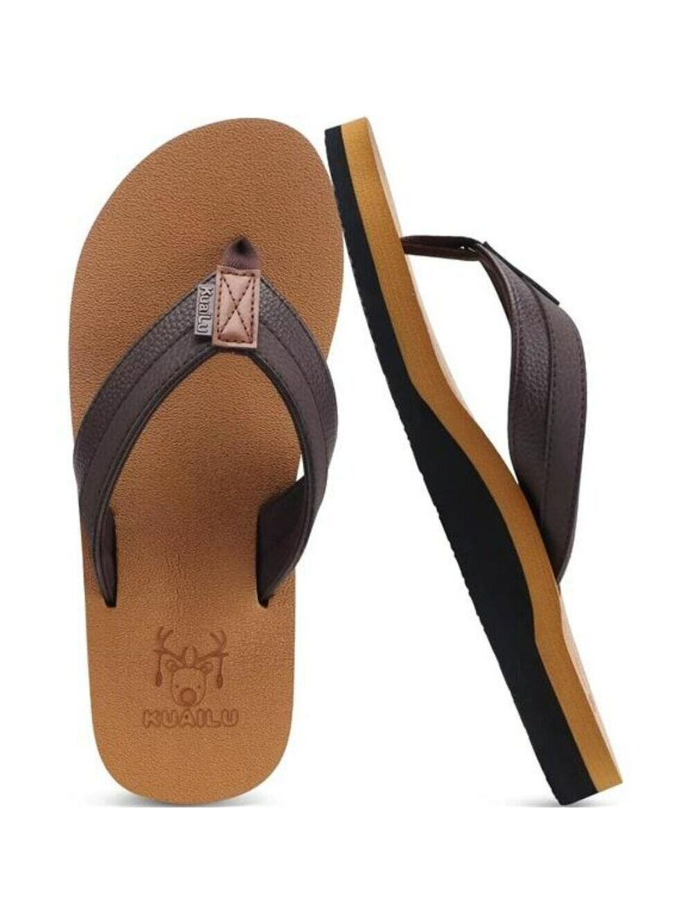 Mens Leather Flip Flops with Arch Support Yoga Mat Cushion Sandals Outdoor
